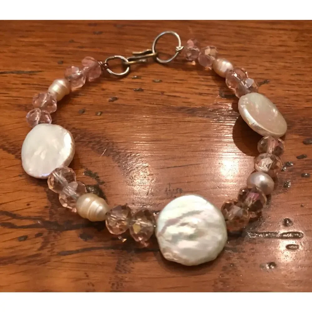 Pink Bead White Stone Silvertone Hardware 8